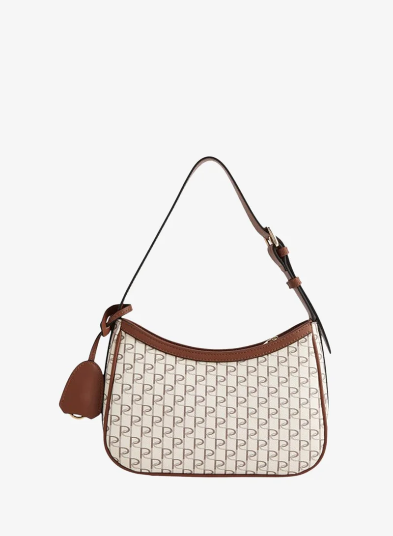 Paprika Monogram Print Shoulder Bag with Adjustable Strap and Zip Closure