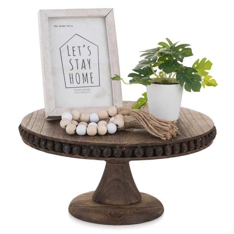 Hanobe Round Wood Cake Stand Cupcake Pedestal Stand 12 inch Dessert Display Riser Distressed Rustic Cakes Holder Tray Vintage Beads Wooden Plate for Wedding Birthday Decor