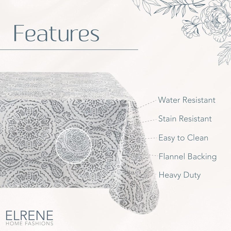 إلرين مناديل المائدة البلاستيكية المقاومة للماء والبقع من ماركة Home Fashions، نمط Savannah Boho Paisley، مصممة للاستخدام داخليًا وخارجيًا، بطبقة خلفية من القطن، مقاس 60×120 بوصة، بلون رمادي. - Image 4