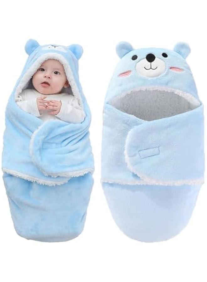 1 Pcs Baby Swaddle, Cute Bear Natural Swaddle Blanket Wrap, Baby Hooded Fleece Swaddle Blanket Newborn Cartoon Receiving Blanket Soft Plush Sleeping Bag Sack Stroller Wrap, 0-6 Months (Blue) - Image 1