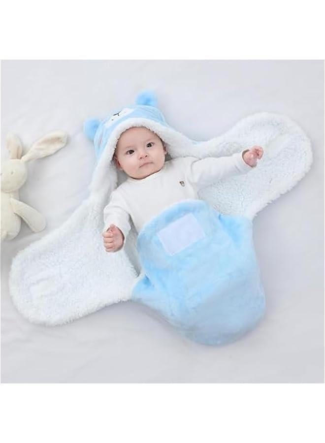1 Pcs Baby Swaddle, Cute Bear Natural Swaddle Blanket Wrap, Baby Hooded Fleece Swaddle Blanket Newborn Cartoon Receiving Blanket Soft Plush Sleeping Bag Sack Stroller Wrap, 0-6 Months (Blue) - Image 2