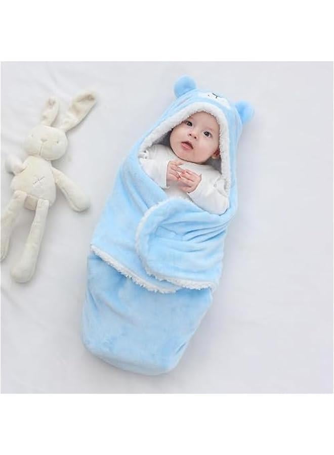 1 Pcs Baby Swaddle, Cute Bear Natural Swaddle Blanket Wrap, Baby Hooded Fleece Swaddle Blanket Newborn Cartoon Receiving Blanket Soft Plush Sleeping Bag Sack Stroller Wrap, 0-6 Months (Blue) - Image 3