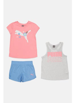PUMA kids Girl 3 Piece Sportswear Fit Top And Bottom Set, Peach  - Image 1