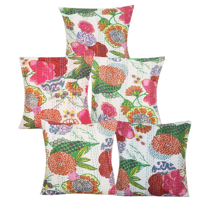 BOHEKANT Cotton Kantha Cushion Cover Hand Stitched Embroidery Decorative Printed Pillow Cover Square Shape Indian Boho Cushion 5 16x16 Pack of 5 - Image 1