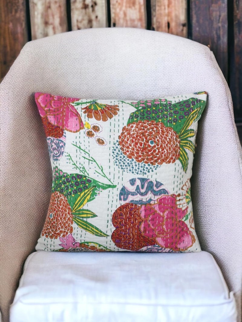 BOHEKANT Cotton Kantha Cushion Cover Hand Stitched Embroidery Decorative Printed Pillow Cover Square Shape Indian Boho Cushion 5 16x16 Pack of 5 - Image 3