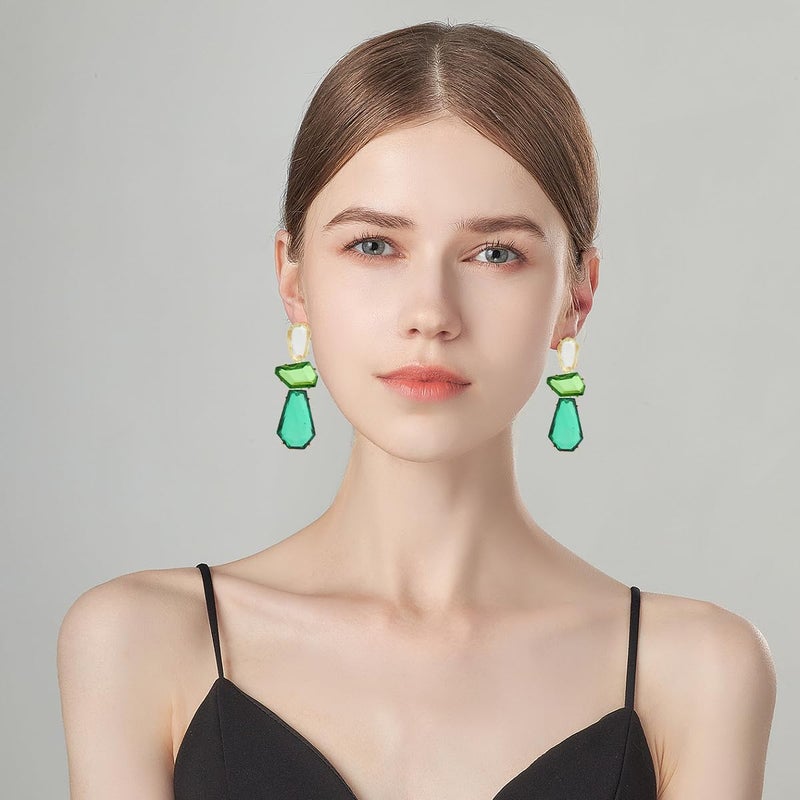 eartif Statement Earrings for Women Vintage Brown Rhinestone Earrings Big Boho Colorful Earrings Large Crystal Drop Dangle Earring Formal Earrings Prom Party Jewelry Gift (Green) - Image 4