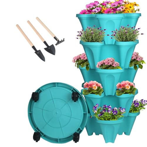 GameXcel Vertical Planter 5 Tier Stackable Planters Garden Planters Strawberry Herb Flower and Vegetable Planter Indoor Outdoor Gardening Pots with Removable Wheels and Tools - Image 1