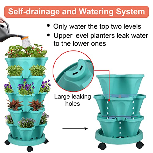GameXcel Vertical Planter 5 Tier Stackable Planters Garden Planters Strawberry Herb Flower and Vegetable Planter Indoor Outdoor Gardening Pots with Removable Wheels and Tools - Image 4