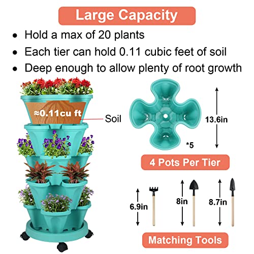 GameXcel Vertical Planter 5 Tier Stackable Planters Garden Planters Strawberry Herb Flower and Vegetable Planter Indoor Outdoor Gardening Pots with Removable Wheels and Tools - Image 5