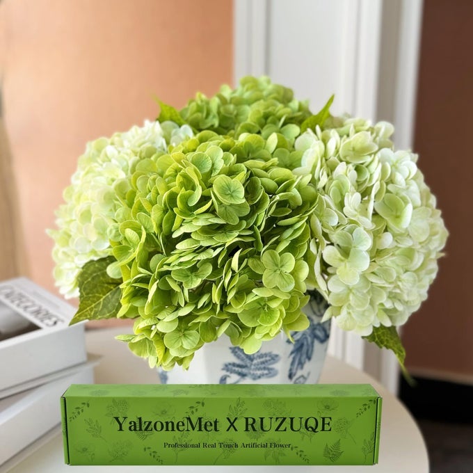 HYDRANGEA ARTIFICIAL FLOWER NATURAL LIFELIKE REAL 21 INCH LATEX LONG STEM 2 LIGHT GREEN2 DARK GREEN HYDRANGEA FLOWER BOUQUETS FOR HOME PARTY OUTDOOR WEDDING TABLE CENTERPIEC DECOR