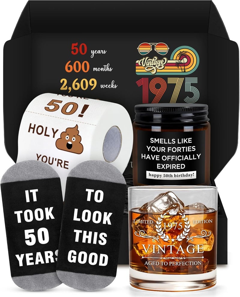 Pradnel 50th Birthday Gifts for Him Cool Gifts for 50 Year Old Man Happy 50th Birthday Decorations for Men Vintage 1975 Wine GlassToilet Paper Roll Novelty Socks Funny 50 Year Old Gift ideas for Mens - Image 1