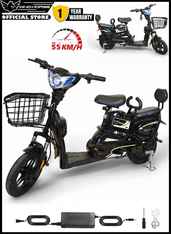 حصان الريح دراجة توصيل كهربائية M1، محرك ٤٠٠ واط، بطارية ٤٨ فولت ١٢ أمبير/ساعة، سرعة قصوى ٥٥ كم/ساعة، مقعد مزدوج، إطارات ١٤ بوصة، سلة بقالة أمامية، نظام فتح وقفل عن بُعد، هيكل من سبائك الكربون. دراجة كهربائية بثلاث سرعات. - Image 1
