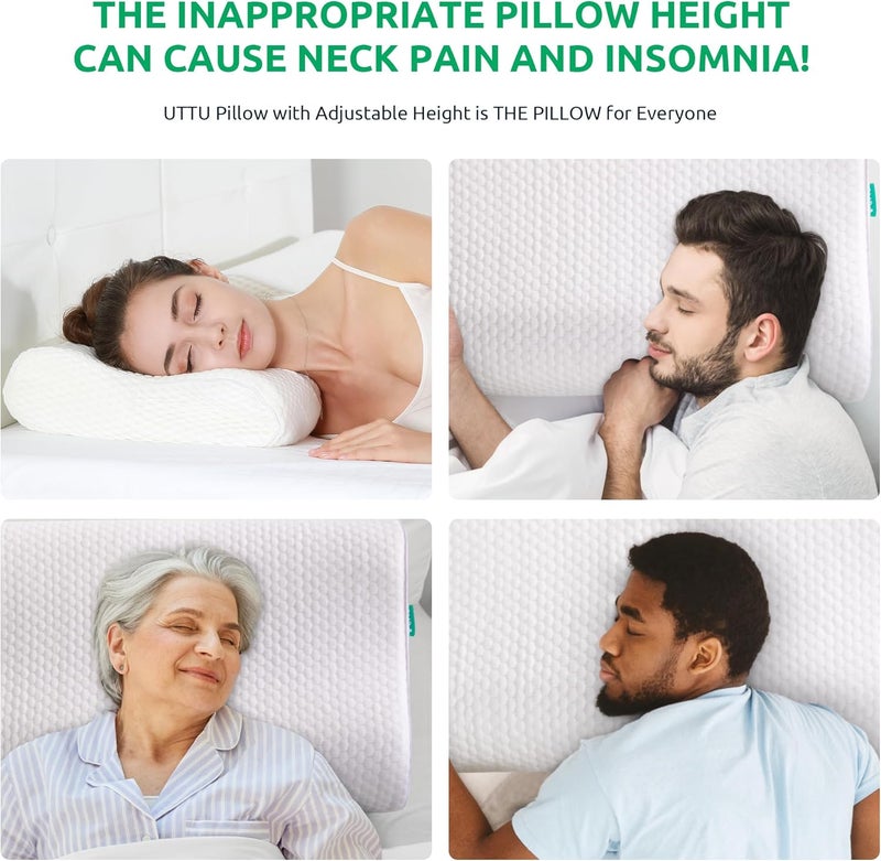 UTTU Cervical Pillow for Neck Strain Relief, Memory Foam Neck Pillow for Sleeping, Adjustable Orthopedic Sandwich Pillow, Contour Cooling for Side Back Stomach Sleeper, Travel(15.7"×11"×5.2"/4.5") - Image 3