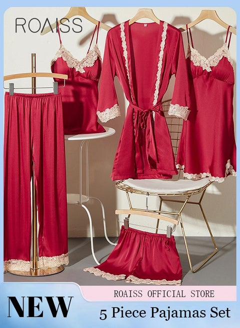 طقم بيجامة نسائي مكون من 5 قطع مع وسادة صدر، ملابس نوم جميلة، ملابس منزلية، ملابس تناسب السيدات، طباعة زهور، ملابس نوم، ملابس داخلية، شورتات صيفية وربيعية