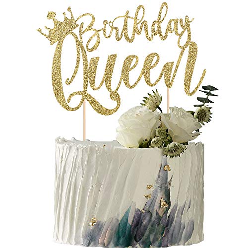 YUINYO Handmade Glitter Queen Cake Topper Happy Birthday Cake Bunting Decor Party Decoration Supplies Gold - Image 1