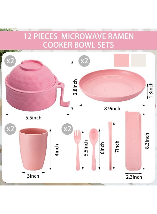 Romooa 12 Pcs Picnic Dinnerware Sets 33 oz Wheat Straw Microwave Ramen Bowl with Handles Unbreakable Bowl with 89 Inch Plates Cups Cutlery for Camping BBQ Party Dorm CollegeBeige Pink - Image 2