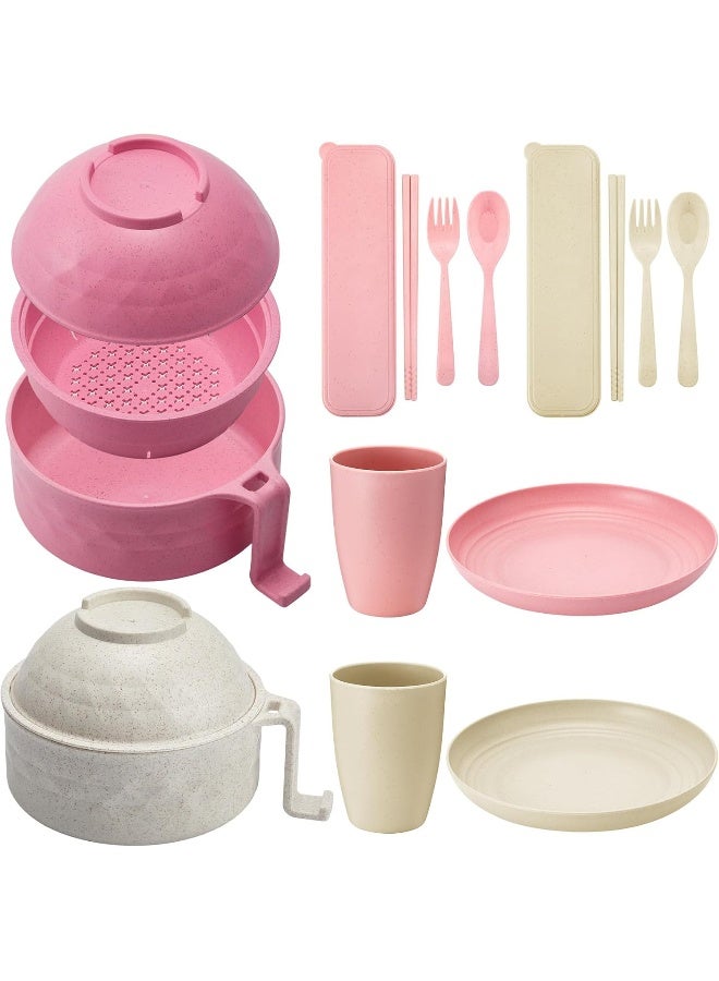 Romooa 12 Pcs Picnic Dinnerware Sets 33 oz Wheat Straw Microwave Ramen Bowl with Handles Unbreakable Bowl with 89 Inch Plates Cups Cutlery for Camping BBQ Party Dorm CollegeBeige Pink - Image 1