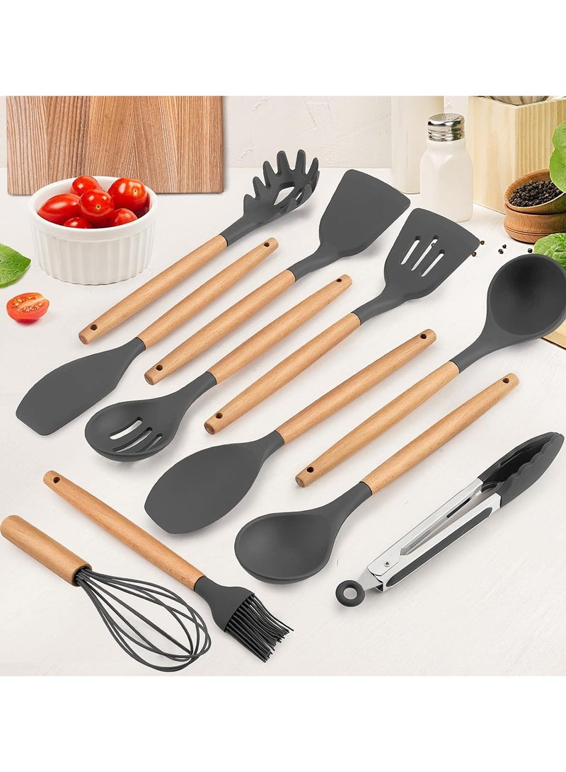 طقم أدوات مطبخ سيليكون 12 قطعة مع يد خشب – مقاوم للحرارة وغير لاصق – شامل ملعقة، مغرفة، خفاقة، ملقاط وحامل – أدوات طبخ احترافية لتحضير الطعام - متعدد الالوان - Image 2