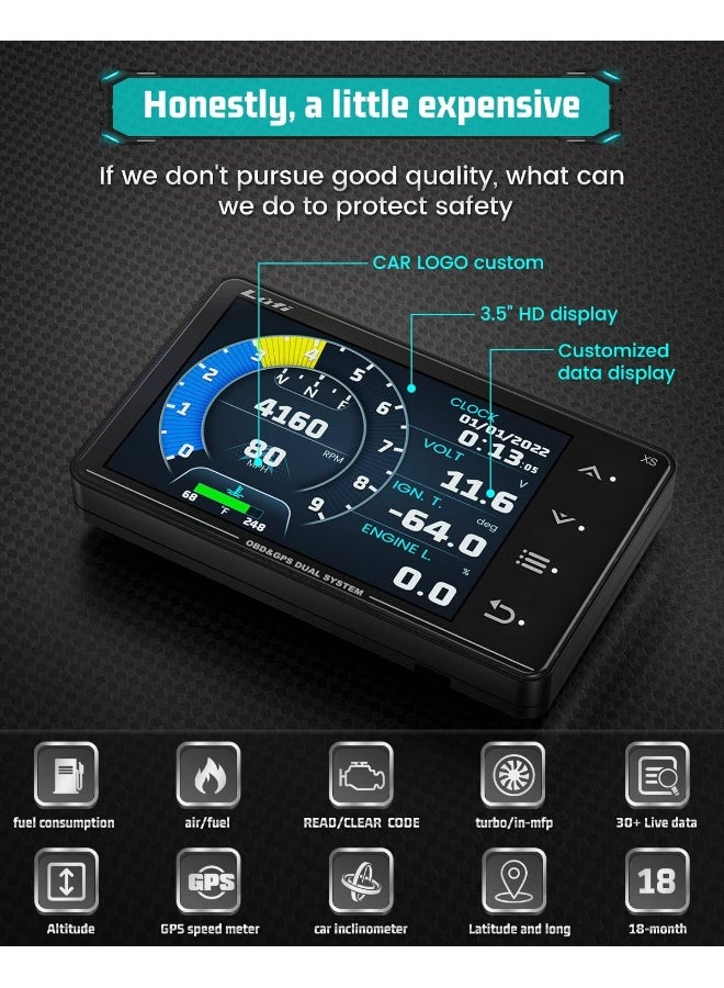 Lufi Xs OBD2 Gauge Display, GPS Speedometer, Car Inclinometer, Boost Gauge, RPM Meter, Heads Up Display for Car, Multifunction Digital Gauge Cluster - Image 3