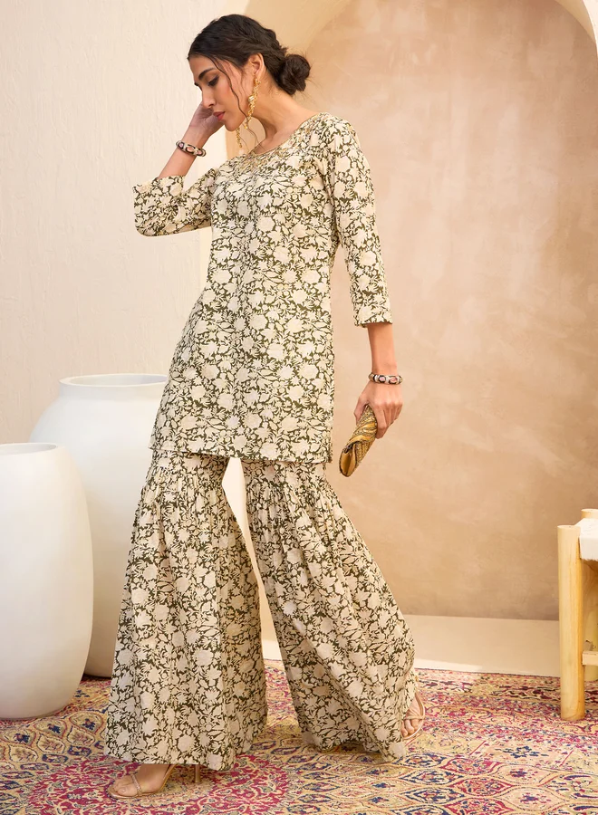 SASSAFRAS Sassafras Olive Floral Embroidered Kurta and Sharara Set