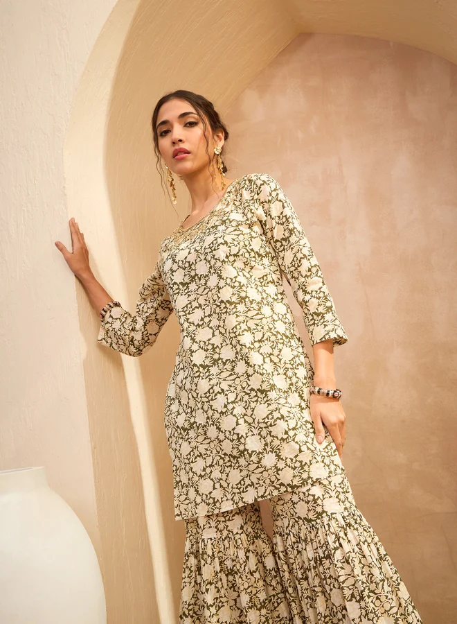 SASSAFRAS SASSAFRAS Olive Floral Embroidered Kurta and Sharara Set