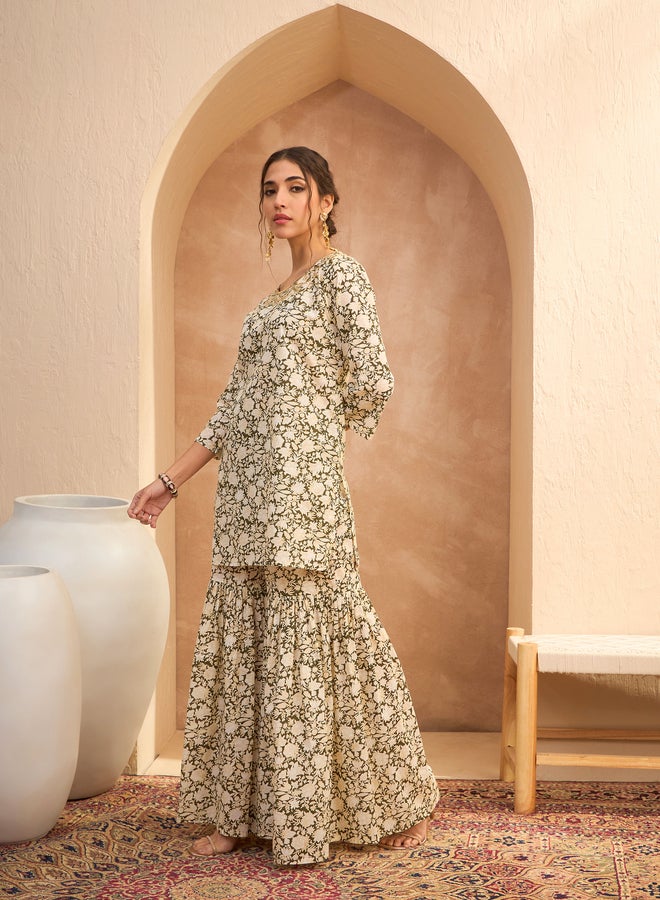 SASSAFRAS Olive Floral Embroidered Kurta and Sharara Set - Image 4