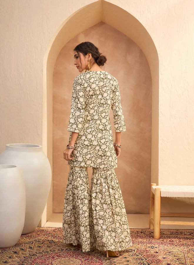 SASSAFRAS SASSAFRAS Olive Floral Embroidered Kurta and Sharara Set