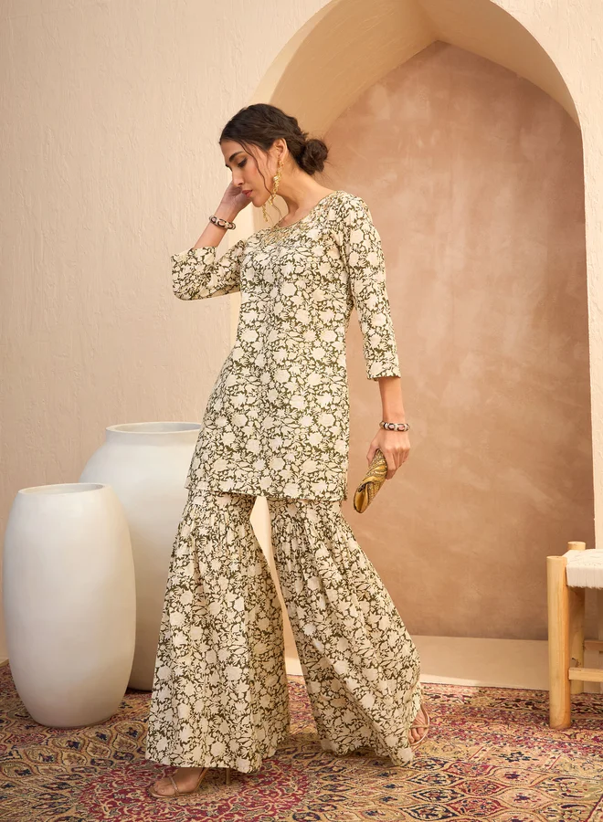 SASSAFRAS Sassafras Olive Floral Embroidered Kurta and Sharara Set