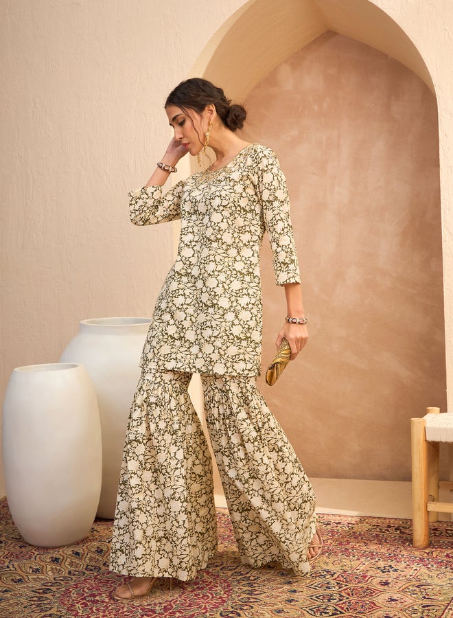 SASSAFRAS Olive Floral Embroidered Kurta and Sharara Set - Image 2