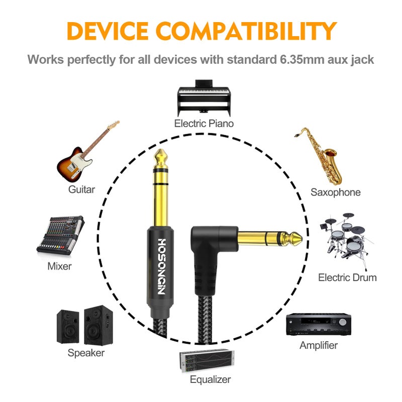 HOSONGIN 1/4 Inch TRS Instrument Cable 15 feet 2-Pack, Straight-to-Right Angle 6.35mm Male Stereo Audio Cord, Balanced Interconnect Line for Electric Guitar, Bass, Keyboard, Mixer, Amplifier, Speaker - Image 3