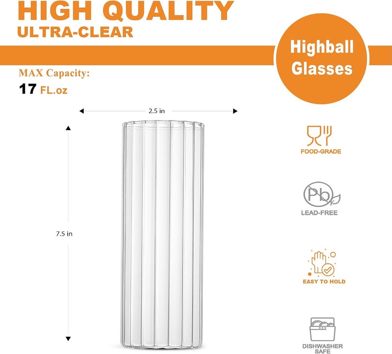 LUXU 6pc Set Thin Highball Drinking Glasses-Lead-Free,17 oz Tall Glass Cups with Built-in Stripes,Large Modern Water Glasses Collins,Clear Iced Coffee Cups for Mojito,Beverages,Ice Tea,Beer,Mixed Drinks - Image 2