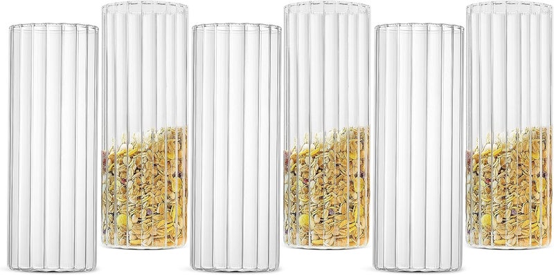 LUXU 6pc Set Thin Highball Drinking Glasses-Lead-Free,17 oz Tall Glass Cups with Built-in Stripes,Large Modern Water Glasses Collins,Clear Iced Coffee Cups for Mojito,Beverages,Ice Tea,Beer,Mixed Drinks - Image 1