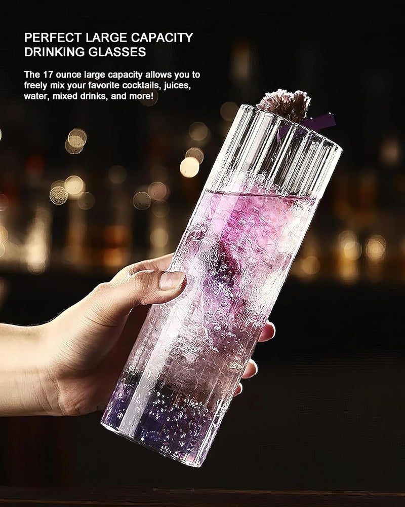 LUXU 6pc Set Thin Highball Drinking Glasses-Lead-Free,17 oz Tall Glass Cups with Built-in Stripes,Large Modern Water Glasses Collins,Clear Iced Coffee Cups for Mojito,Beverages,Ice Tea,Beer,Mixed Drinks - Image 3
