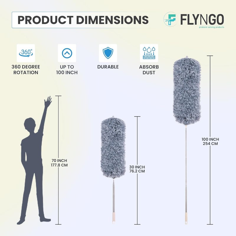 FLYNGO Microfiber Feather Duster Bendable Extendable Fan Cleaning Duster with 100 inches Expandable Pole Handle Washable Duster for High Ceiling Fans Window Blinds Furniture Grey