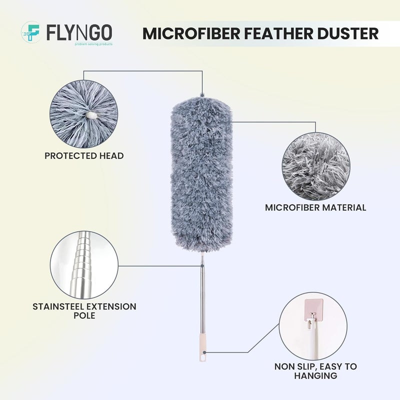 FLYNGO Microfiber Feather Duster Bendable Extendable Fan Cleaning Duster with 100 inches Expandable Pole Handle Washable Duster for High Ceiling Fans Window Blinds Furniture Grey