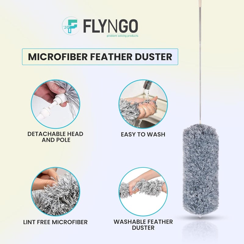 FLYNGO Microfiber Feather Duster Bendable Extendable Fan Cleaning Duster with 100 inches Expandable Pole Handle Washable Duster for High Ceiling Fans Window Blinds Furniture Grey