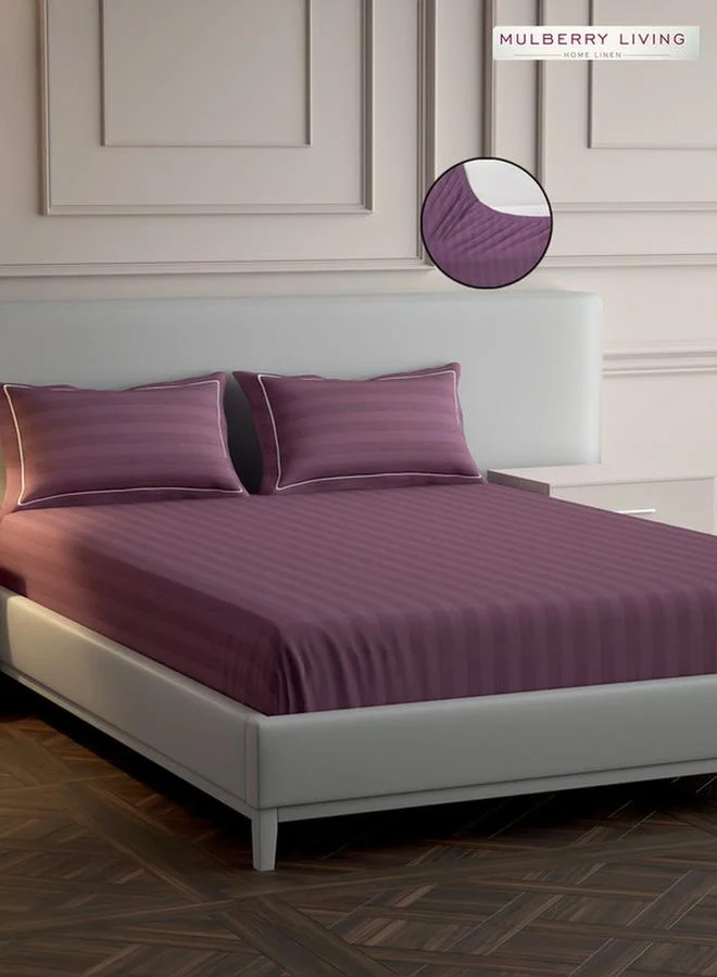 Mulberry Living 100% Cotton Queen Fitted Bedsheet With 2 Pillow Covers - 300Tc Elysian Stripes - Plum