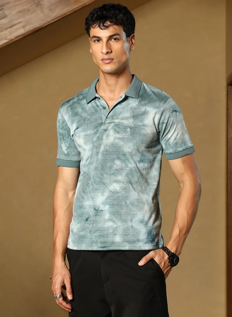 Campus Sutra Men Dye-Panel Jacquard Polo T-Shirt | Polo Neck , Short Jacquard Cuff Sleeves | Half-Button , Straight Hem | Tie-Dye Jacquard | Knitted Fabric For Casual & Daily Wear | Viridian Green