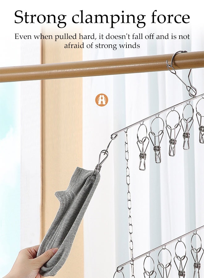 DUNISO Stainless Steel Sock Hanger Swivel Hook Wind-Proof Clothes Hanger Multi-functional Foldable Rustproof Sock Dryer with 30 Strong Non-slip Clips Space-Saving Balcony Drying Organizer Rack for Shoe Insoles, Socks, Underwear, Baby Clothes - Image 2