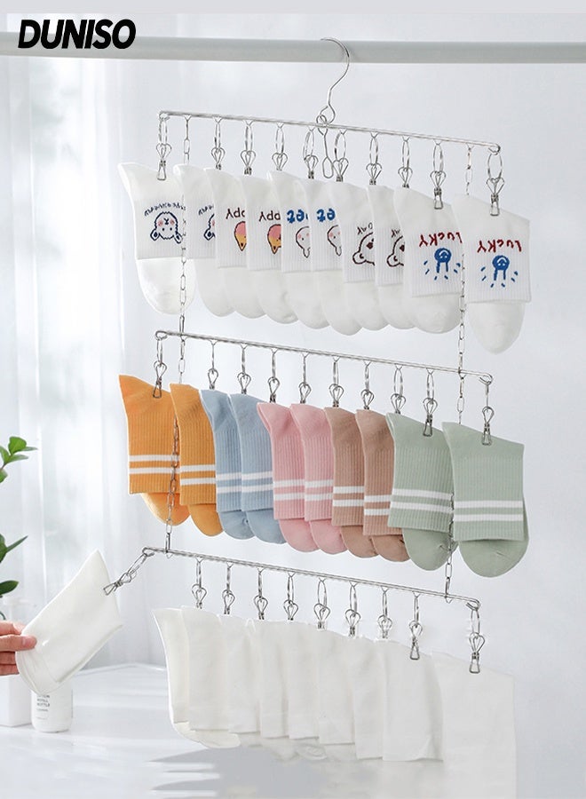 DUNISO Stainless Steel Sock Hanger Swivel Hook Wind-Proof Clothes Hanger Multi-functional Foldable Rustproof Sock Dryer with 30 Strong Non-slip Clips Space-Saving Balcony Drying Organizer Rack for Shoe Insoles, Socks, Underwear, Baby Clothes - Image 1