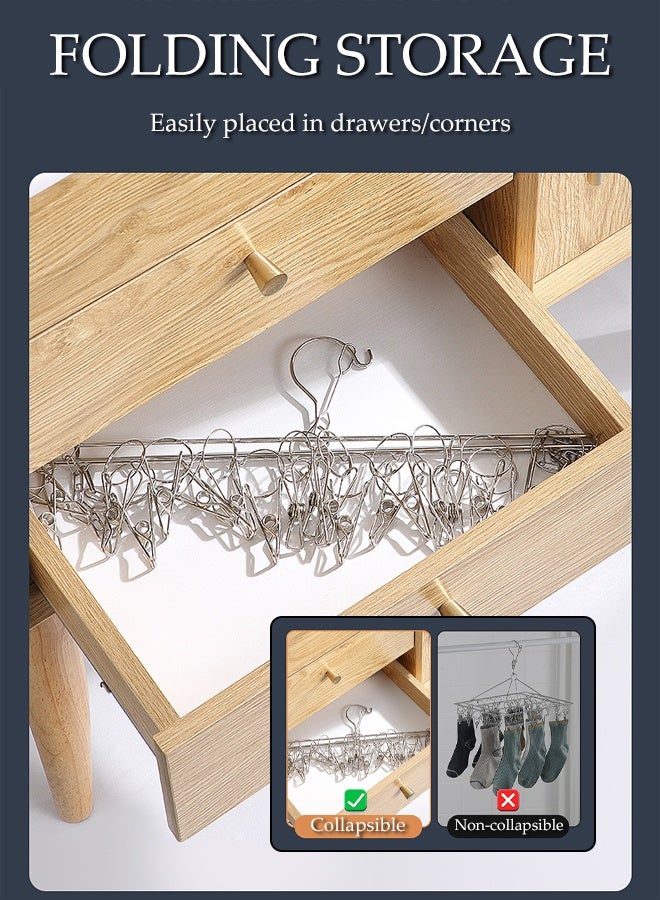 DUNISO Stainless Steel Sock Hanger Swivel Hook Wind-Proof Clothes Hanger Multi-functional Foldable Rustproof Sock Dryer with 30 Strong Non-slip Clips Space-Saving Balcony Drying Organizer Rack for Shoe Insoles, Socks, Underwear, Baby Clothes - Image 3