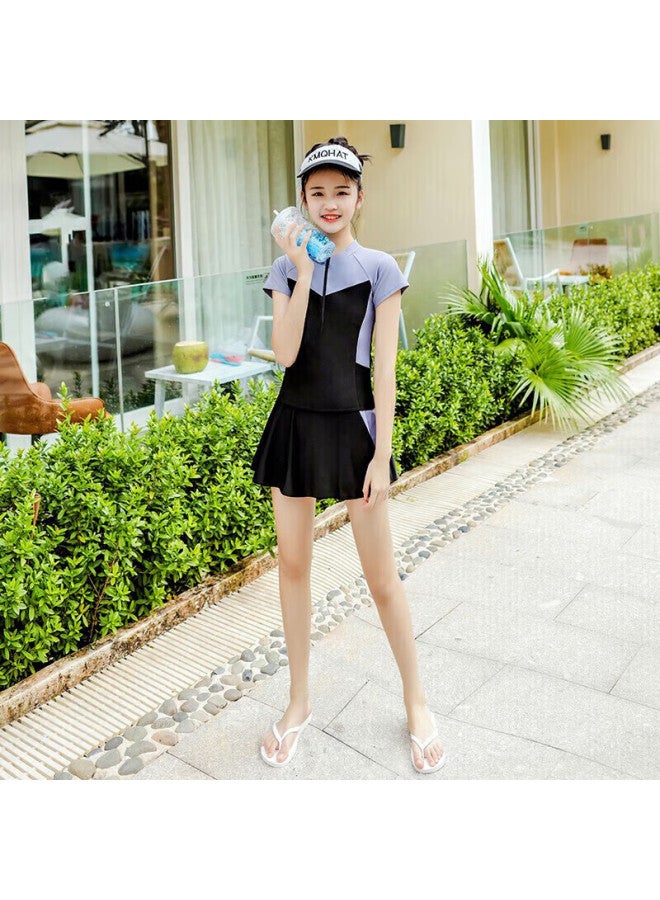 Skin-friendly Yifu Children's Sun Protection Swimsuit, Girls' One-piece Swimsuit, Big Kids' Student Korean Sports Two-piece Skirt-style Hot Spring Three-piece Swimwear Set - Image 4