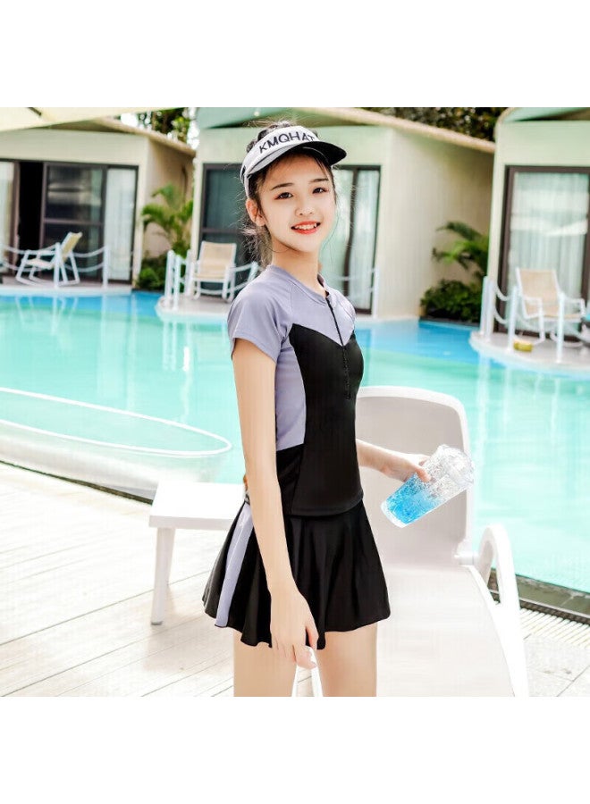 Skin-friendly Yifu Children's Sun Protection Swimsuit, Girls' One-piece Swimsuit, Big Kids' Student Korean Sports Two-piece Skirt-style Hot Spring Three-piece Swimwear Set - Image 5