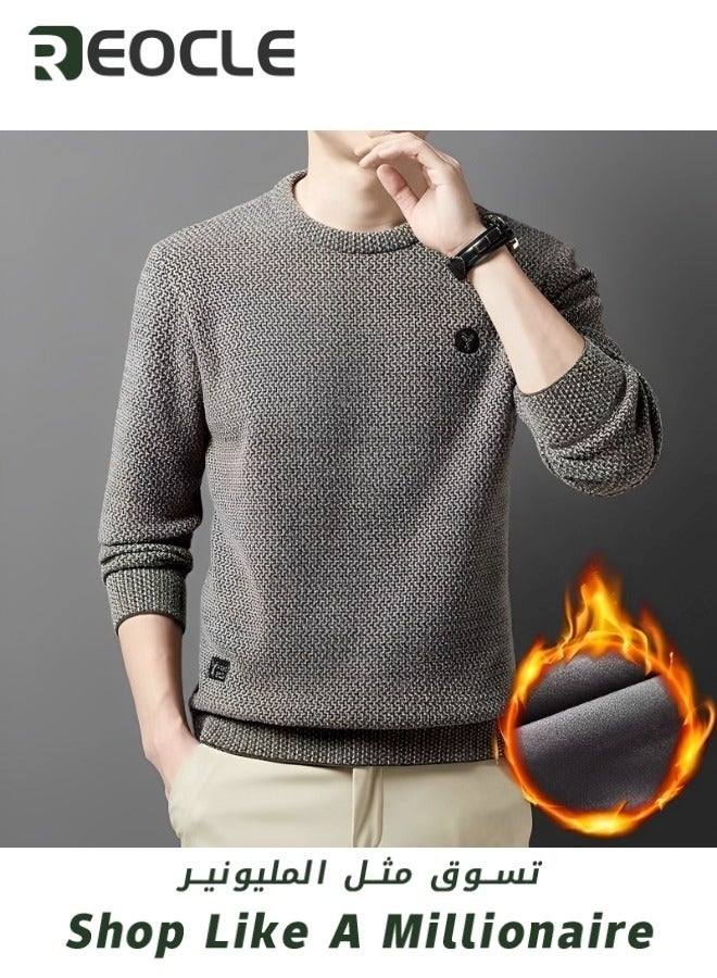 REOCLE Men's Fleece Thick Knitted Shirt Winter Long Sleeve Crewneck Sweatshirt Thermal Top Anti-Static Workout Base Layer - Image 2