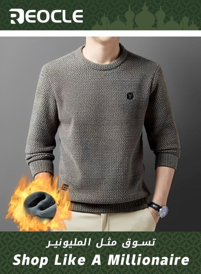 REOCLE Men's Fleece Thick Knitted Shirt Winter Long Sleeve Crewneck Sweatshirt Thermal Top Anti-Static Workout Base Layer - Image 1