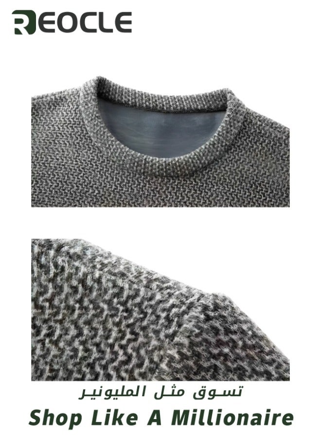 REOCLE Men's Fleece Thick Knitted Shirt Winter Long Sleeve Crewneck Sweatshirt Thermal Top Anti-Static Workout Base Layer - Image 4