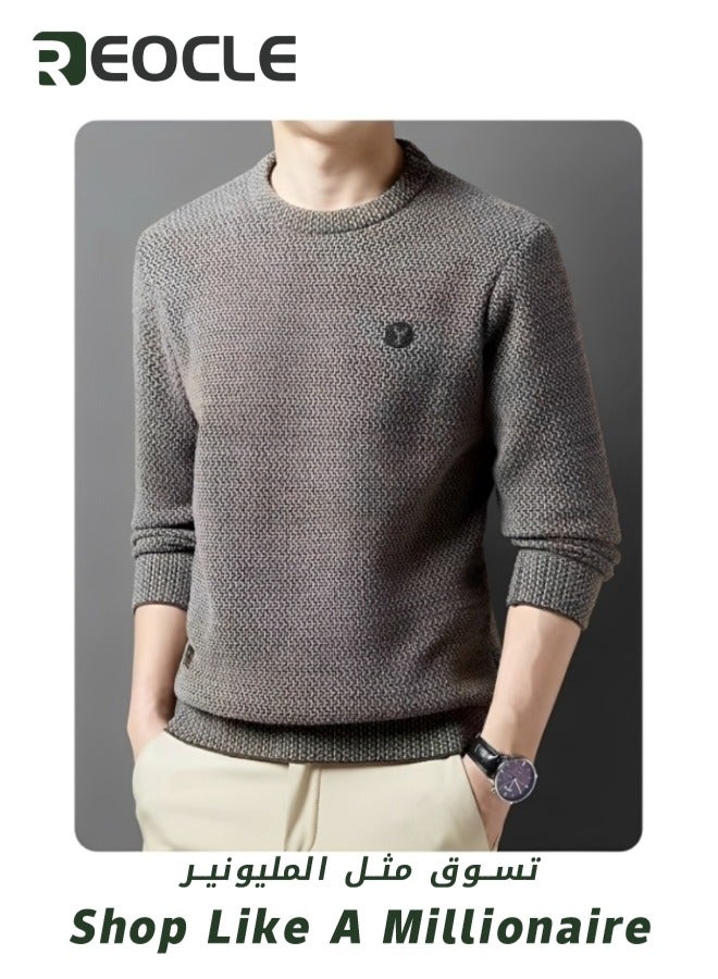 REOCLE Men's Fleece Thick Knitted Shirt Winter Long Sleeve Crewneck Sweatshirt Thermal Top Anti-Static Workout Base Layer - Image 3