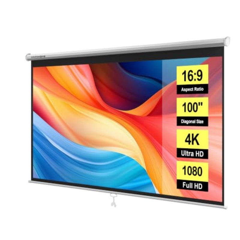 Projector Screen Pull Down, 16:9 100 Inch Retractable Projection Screen, HD 4K Manual Pull Movie Screen for Home Theater, Cinema, Office 233cm x 125cm - Image 1