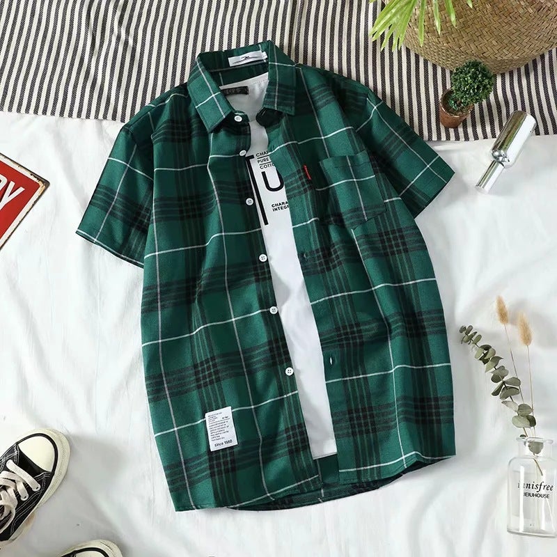 South Korea vintage leaves pineapple floral couple's short-sleeved shirt summer versatile men's and women's same Beach seaside shirt - Image 1