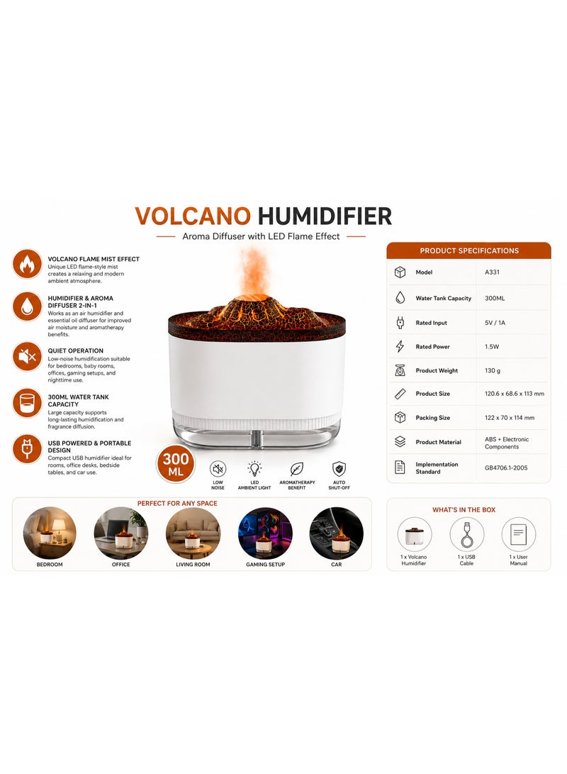 Shopit Volcano Humidifier Aroma Diffuser 300ML with LED Flame Effect - USB Air Humidifier & Essential Oil Diffuser for Room, Bedroom, Office & Car - Image 2